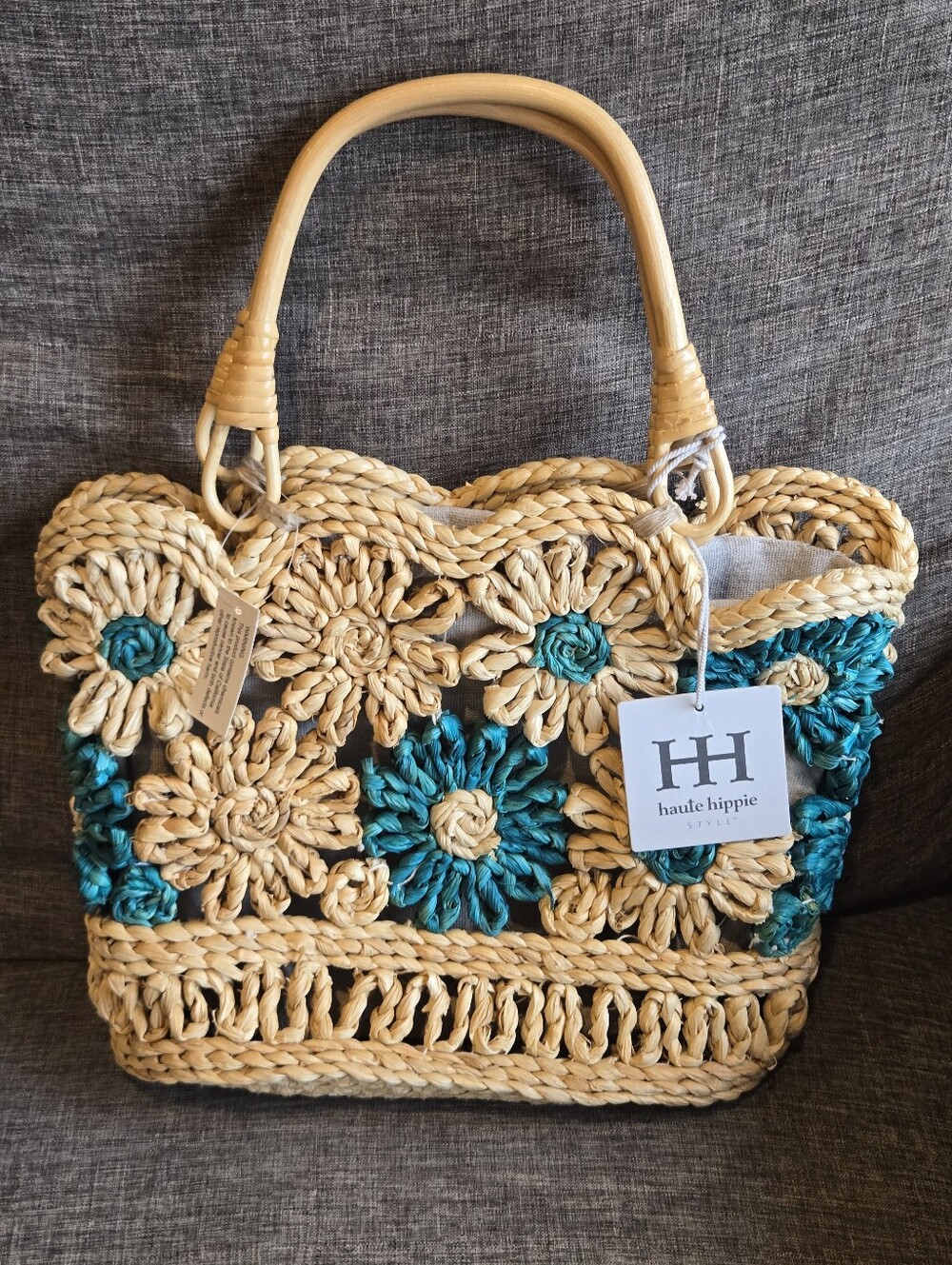 Haute Hippie Teal Straw Floral Tote Bag With Bamboo Handles